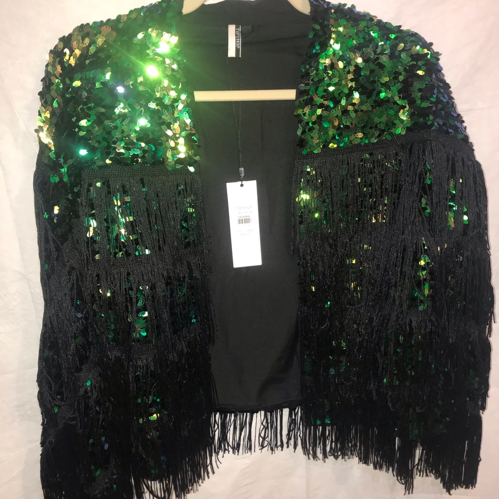 Green & Blue sequined, black fringe jacket